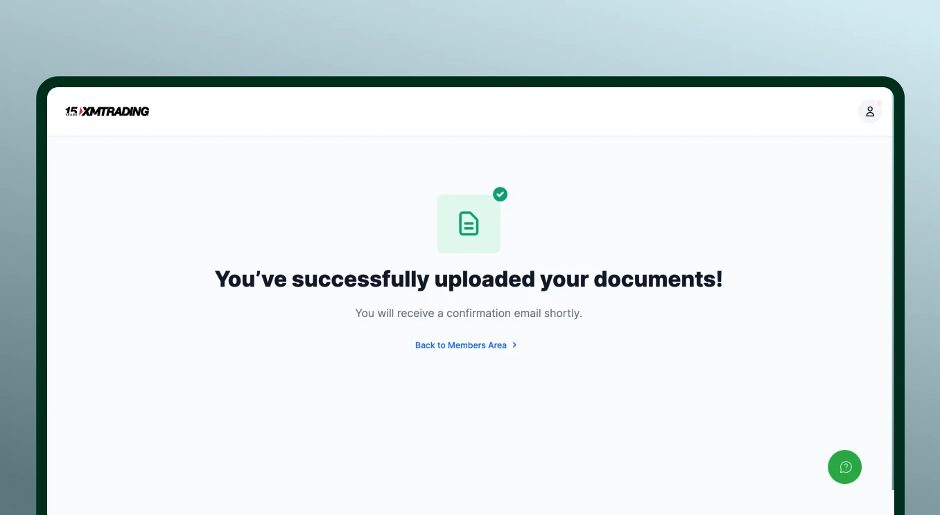 Confirmation screen showing documents uploaded successfully and a message about receiving a confirmation email.