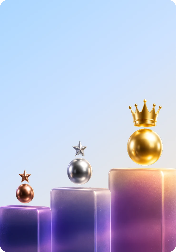 3D podium graphic with floating bronze and silver star spheres, and a gold crowned sphere.