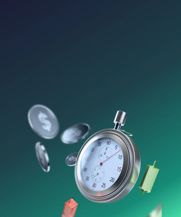 3D stopwatch surrounded by floating coins and candlestick charts, symbolizing urgency and limited-time trading promotions.