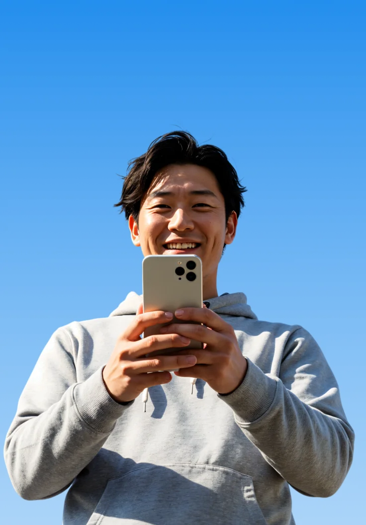 Smiling man in a gray hoodie holding a smartphone and looking at the screen against a bright blue background