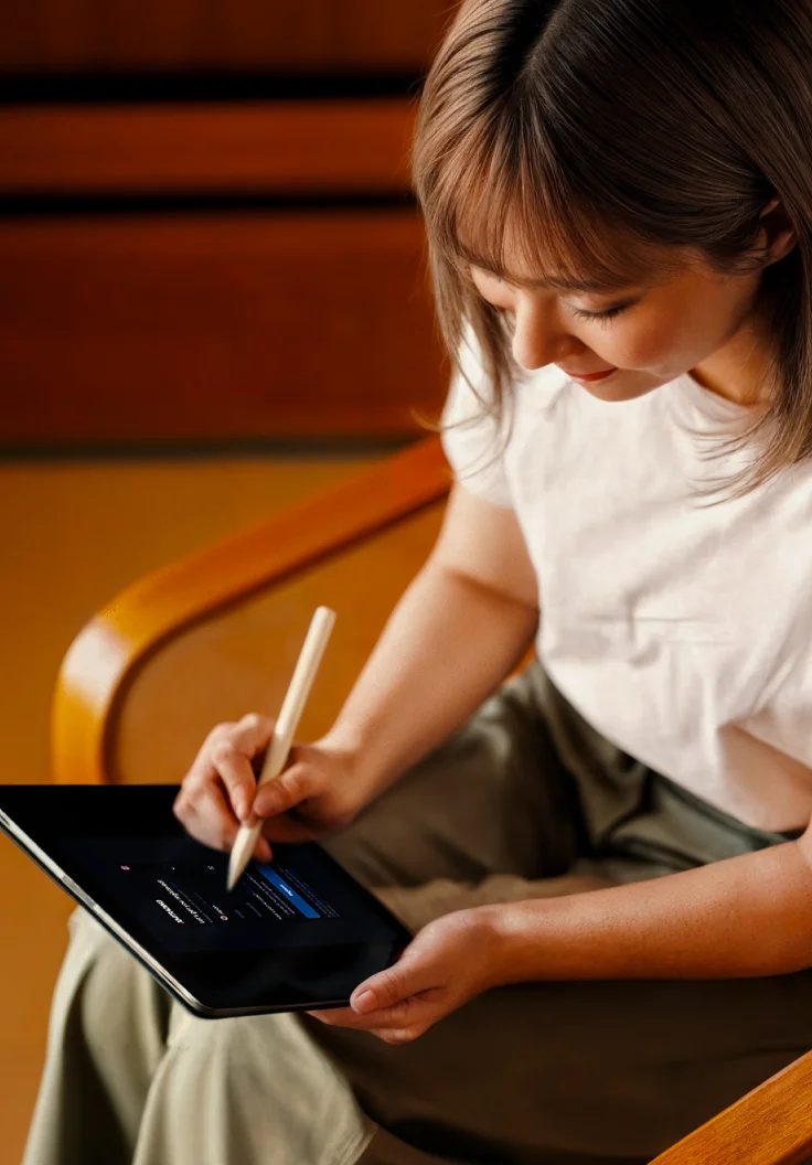 Young woman using a tablet to register with XMTrading.