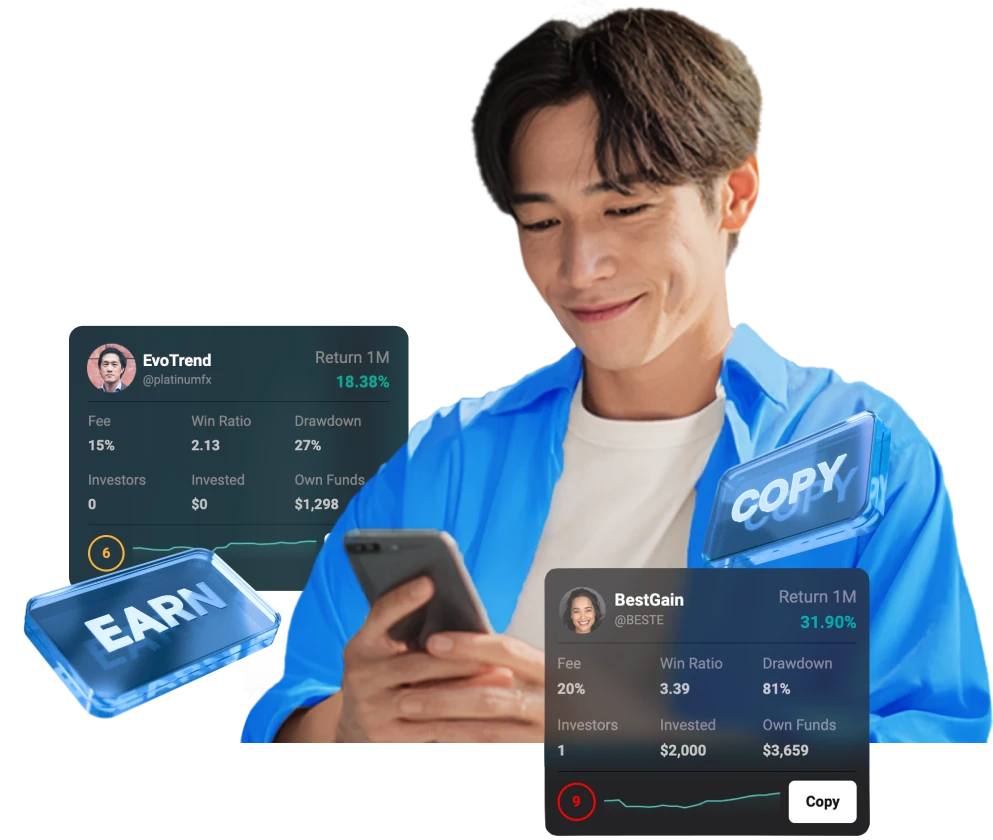 Man using his smartphone to copy trading strategies with the XMTrading Copy Trading feature.