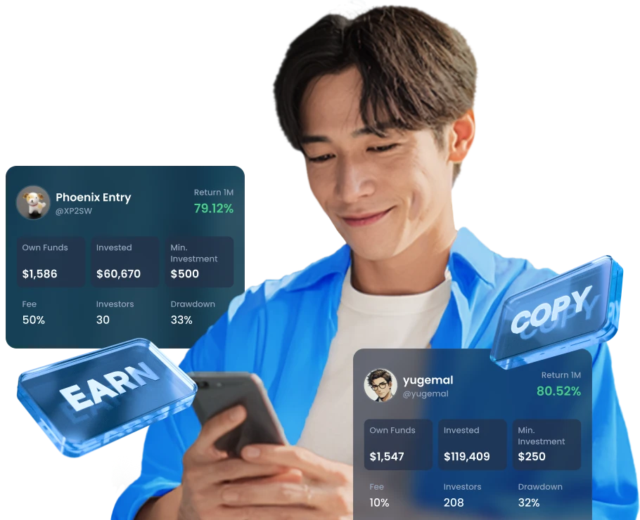Man using his smartphone to copy trading strategies with the XMTrading Copy Trading feature.