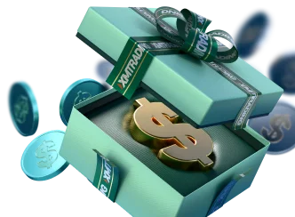 3D gift box with metallic dollar symbol and floating coins, symbolizing trading bonuses and financial rewards.