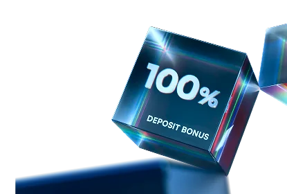 XMTrading 100% deposit bonus visualized as a 3D glass cube, highlighting the opportunity to double your trading funds.