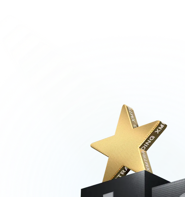 Gold star with XMTrading inscription placed on a podium with the number one, symbolizing top position and success