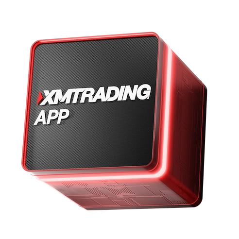 3D red and black cube with illuminated edges featuring XMTrading app logo, symbolizing modern digital trading technology.