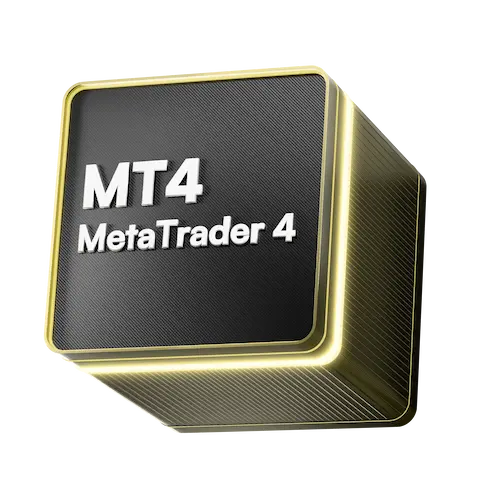 3D yellow and black cube with illuminated edges featuring Metatrader 4, symbolizing modern digital trading technology.