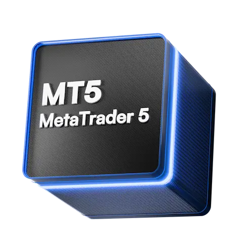 3D blue and black cube with illuminated edges featuring Metatrader 5, symbolizing modern digital trading technology.