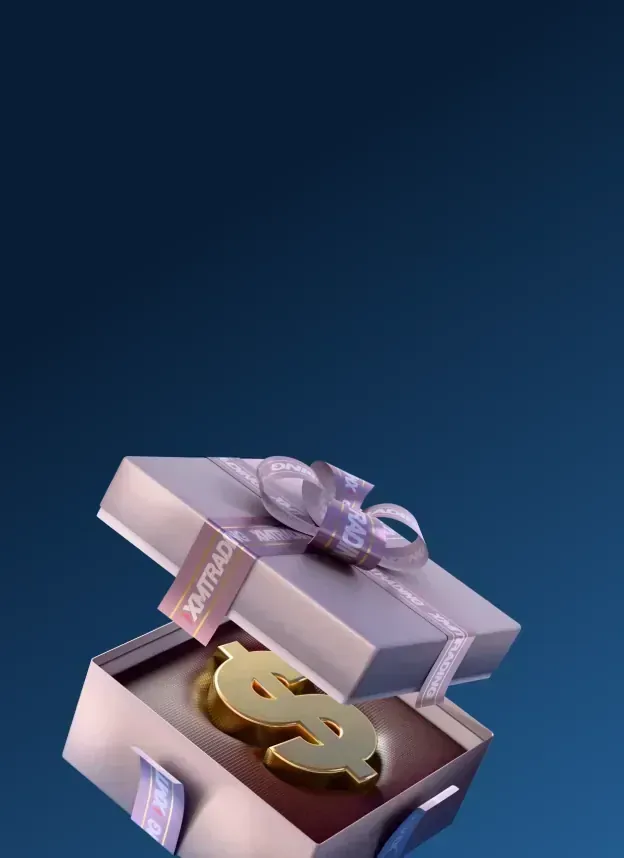 Gift box opening to reveal a golden dollar symbol, representing a trading bonus reward.