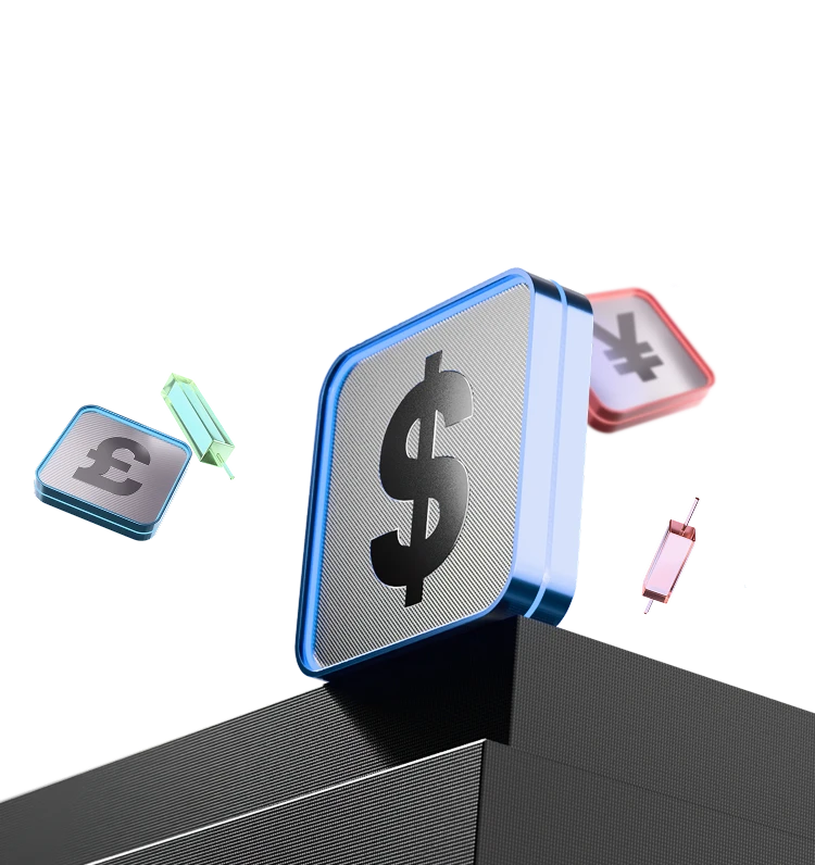 3D dollar symbol standing on a platform, surrounded by floating currency icons and financial asset elements.