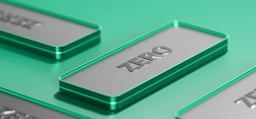 Close-up of the Zero account card in a modern metallic 3D design with vibrant green accents.