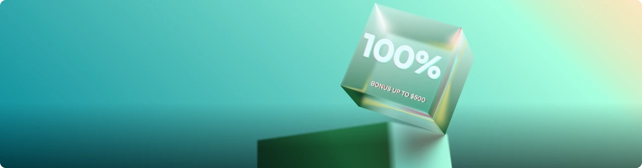 3D cube displaying a 100% deposit bonus offer, floating against a gradient background with promotional text.