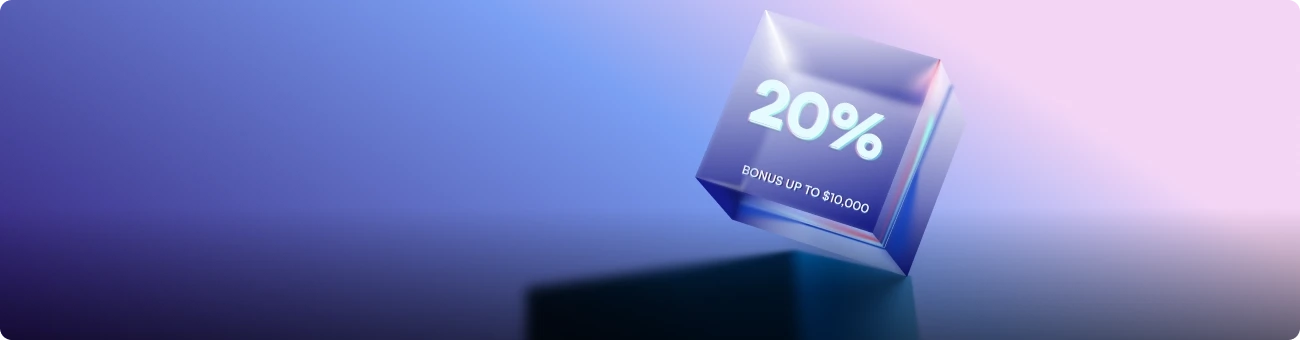 3D cube displaying a 20% deposit bonus offer up to $10,000, floating against a soft gradient background.