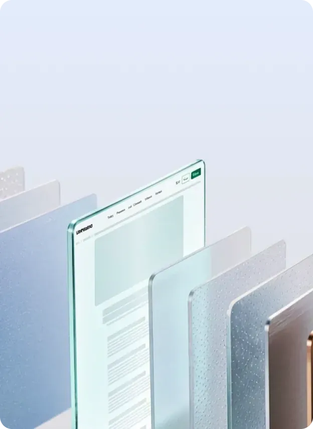 Layered glass-like interface panels and webpage layouts arranged in a 3D stack, representing digital design and web development.