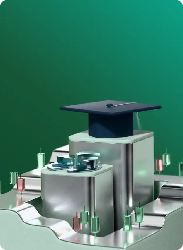 3D graduation cap above a futuristic trading platform with financial chart elements and market indicators.
