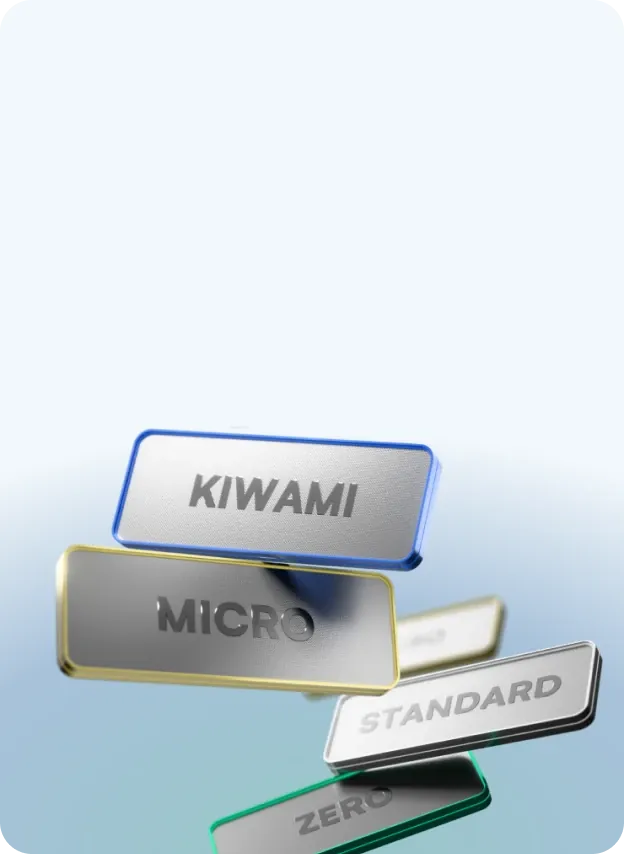 Floating account type cards labeled KIWAMI, MICRO, STANDARD, and ZERO against a soft gradient background.