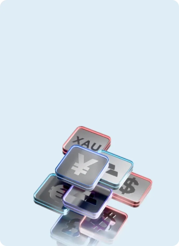 Floating currency symbols and trading assets arranged in a layered 3D composition with reflective surfaces.