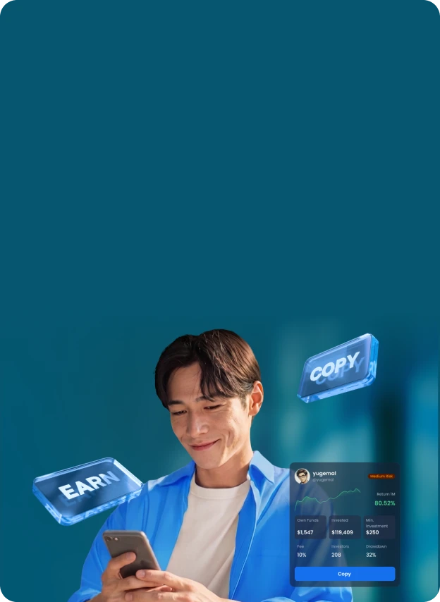 Man viewing copy trading performance on a smartphone, with investor stats and trading metrics displayed beside him.