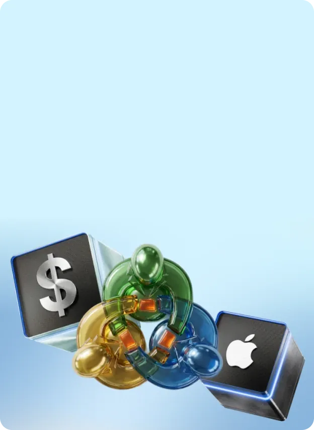 3D financial and technology-themed icons featuring a dollar sign, Apple logo, and digital asset elements.