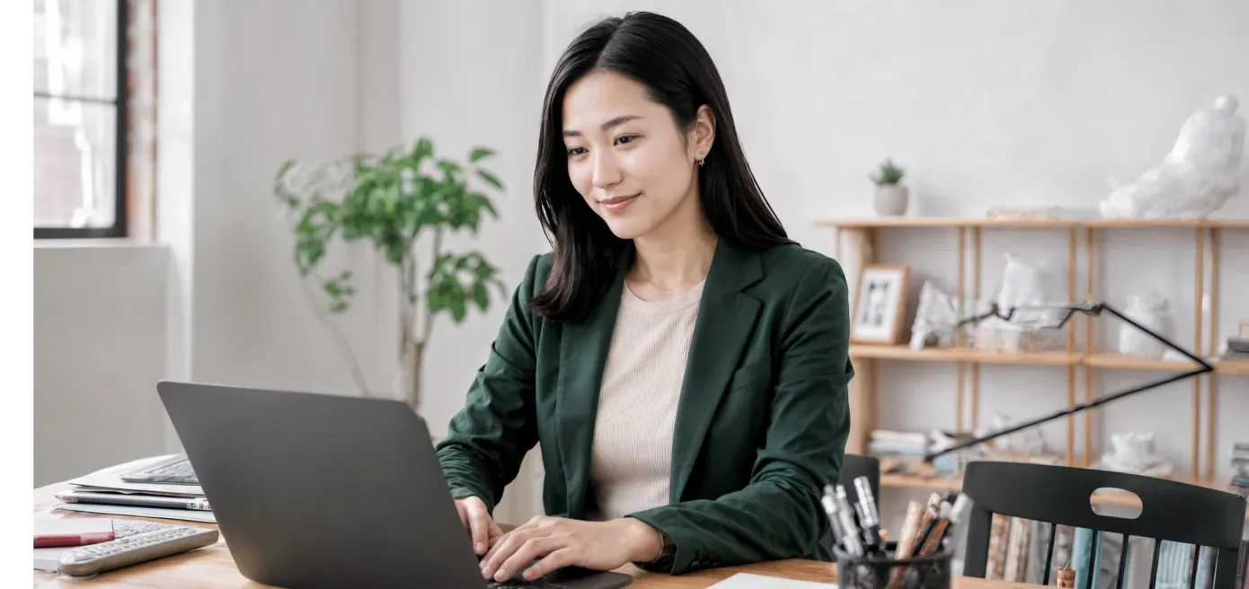 Woman using a laptop and home office setting in the background.