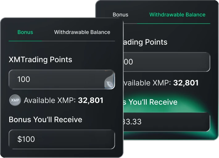 User interface cards showing XMP balance conversion panels, symbolising flexible redemption of trading points for bonuses and rewards