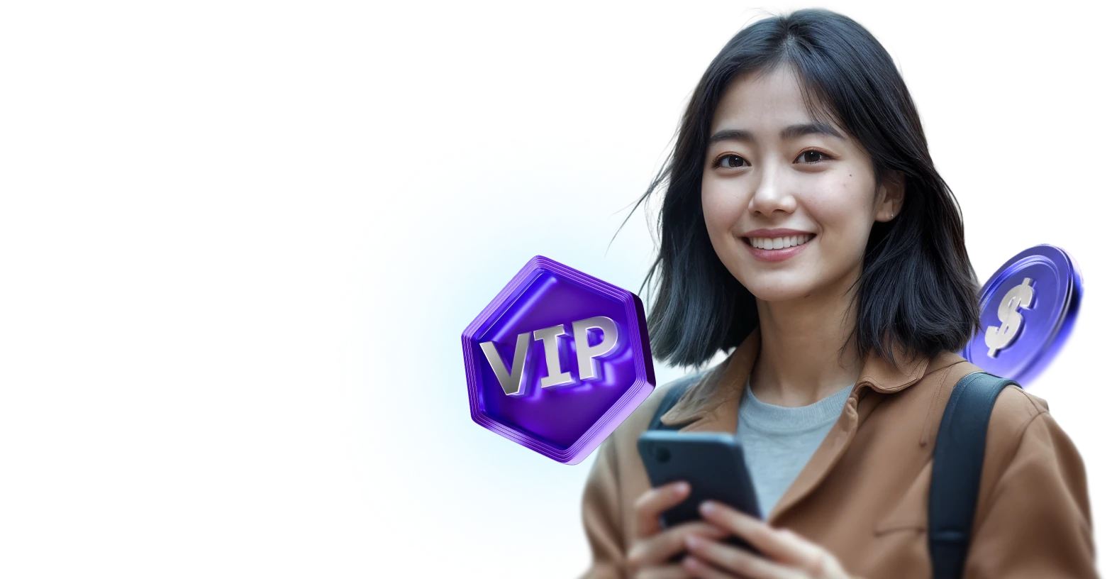 Woman holding smartphone confidently checking exclusive trading rewards and elite membership benefits.