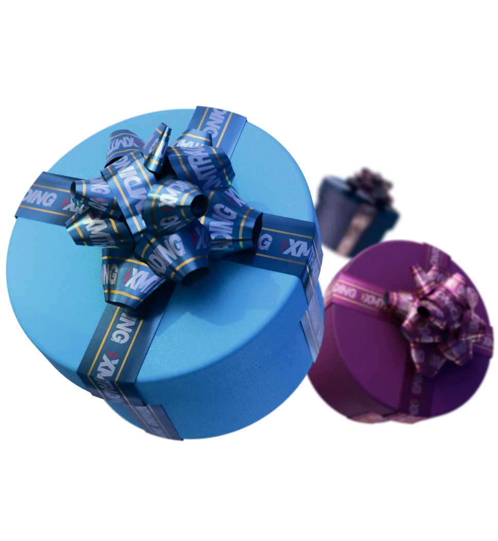 Three round gift boxes in different colors, decorated with XMTrading branded ribbons symbolising rewards.