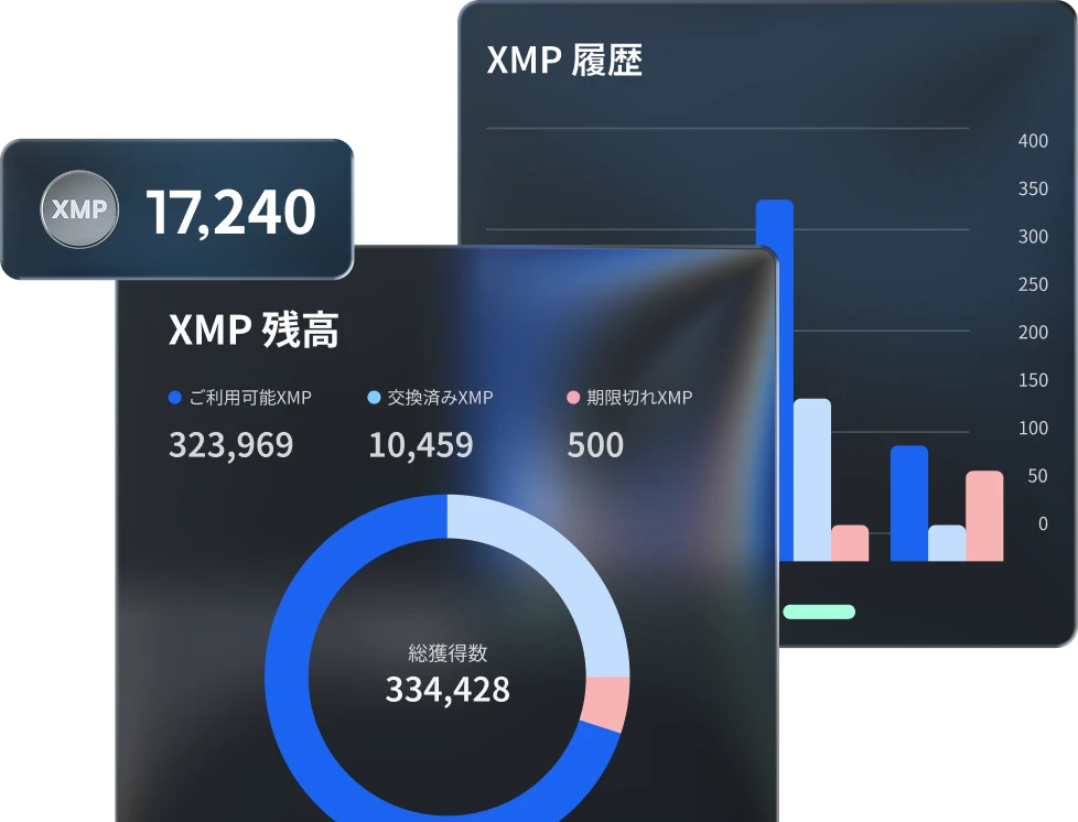 Loyalty program dashboard features showing XMP balance and earning history with charts and total points earned.