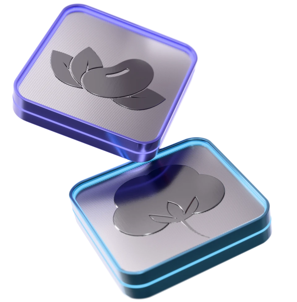 3D icons of commodities such as coffee beans, leaves, and crops.