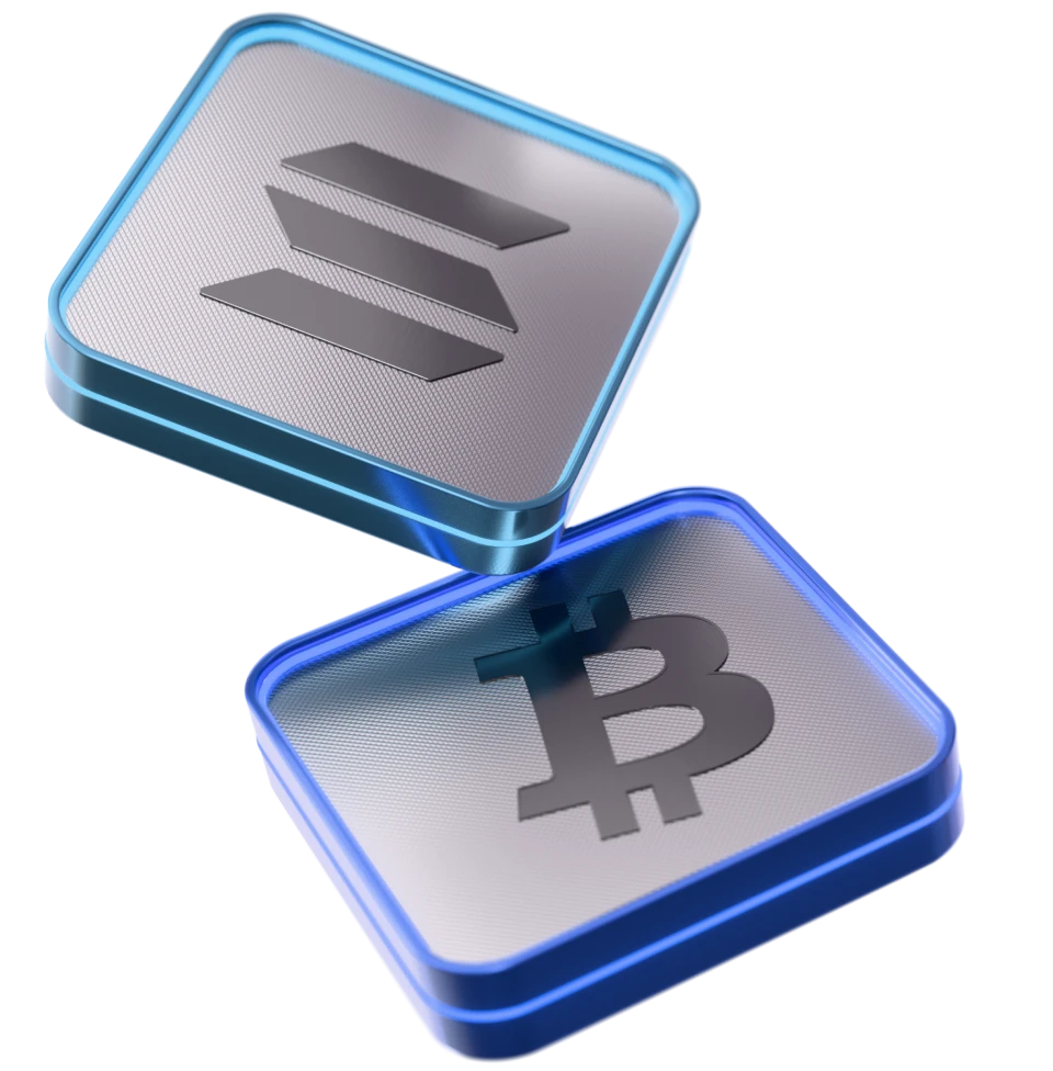 3D metallic icons of popular cryptocurrencies - Bitcoin, Ethereum, Solana, and XRP