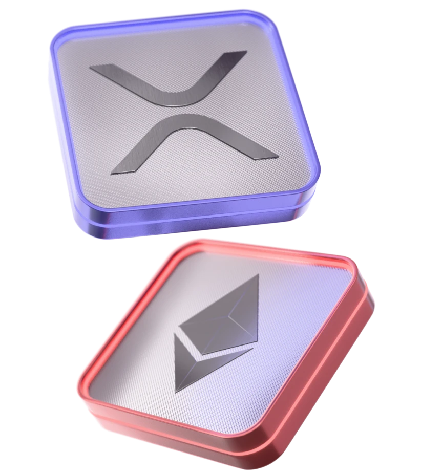 3D metallic icons of popular cryptocurrencies - Bitcoin, Ethereum, Solana, and XRP