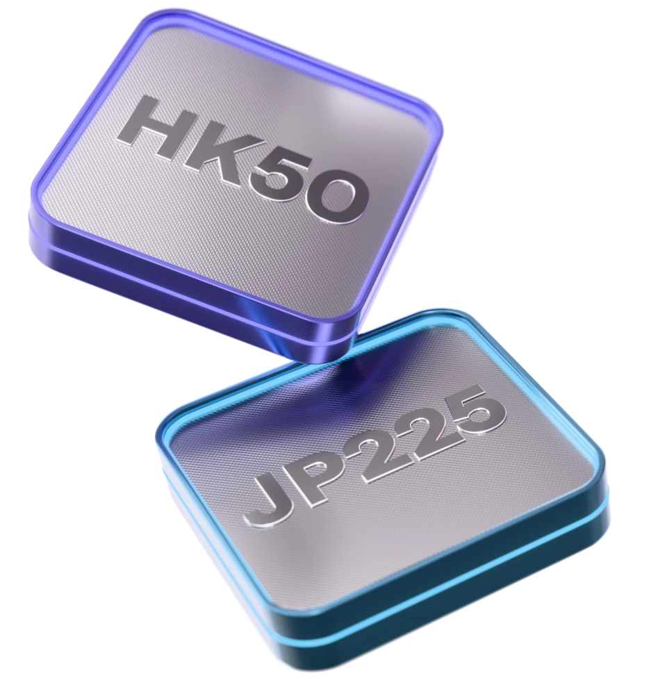 3D icons of global stock market indices, HK50, JP225, US30 and GER40.