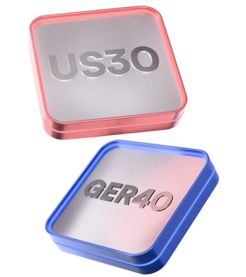 3D icons of global stock market indices, HK50, JP225, US30 and GER40.