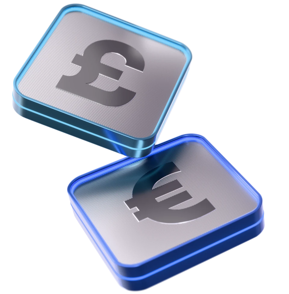 3D icons of major currency symbols. EUR,USD, JPY, GBP floating illustrating global Forex trading.