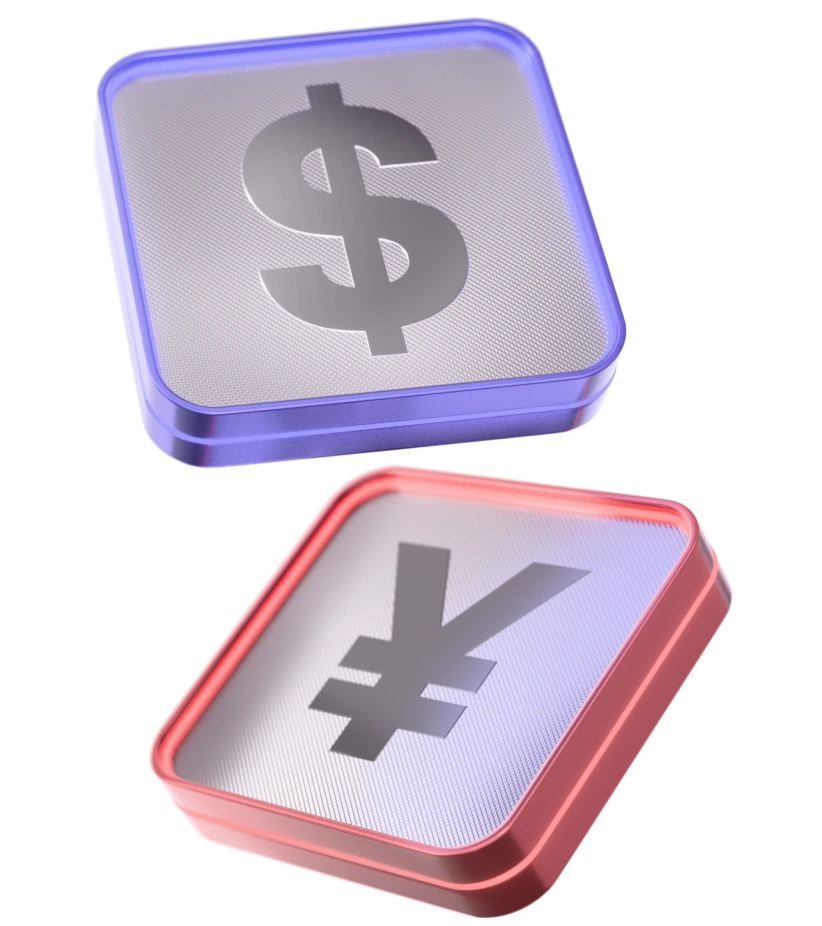 3D icons of major currency symbols. EUR,USD, JPY, GBP floating illustrating global Forex trading.