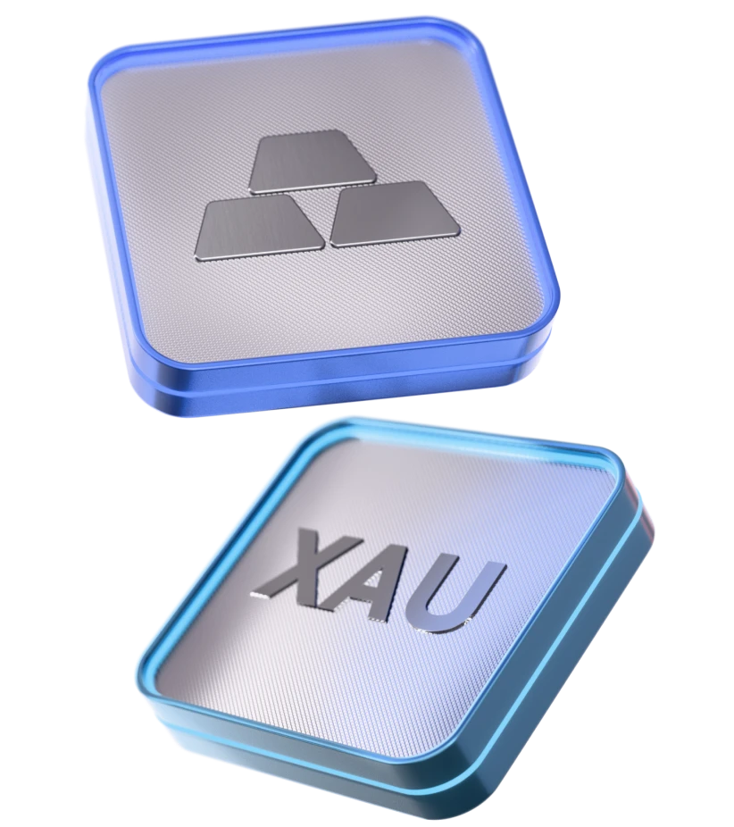 3D icons of precious metals. Gold (XAU), palladium (XPD), and silver bars - floating on a light gradient background.