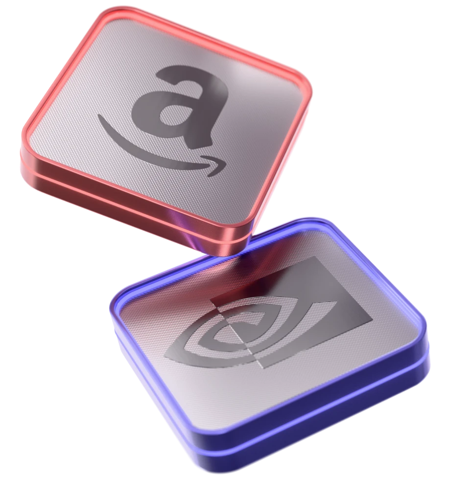 3D icons featuring logos of major tech companies. Amazon, Tesla, Apple, and Nvidia.