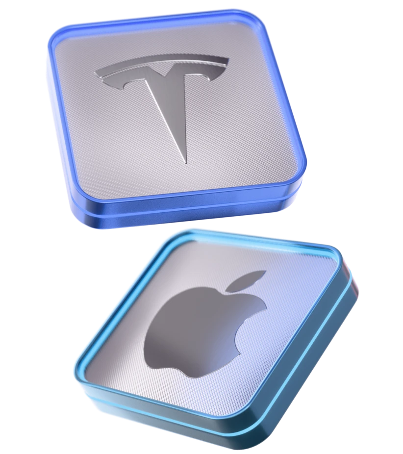 3D icons featuring logos of major tech companies. Amazon, Tesla, Apple, and Nvidia.
