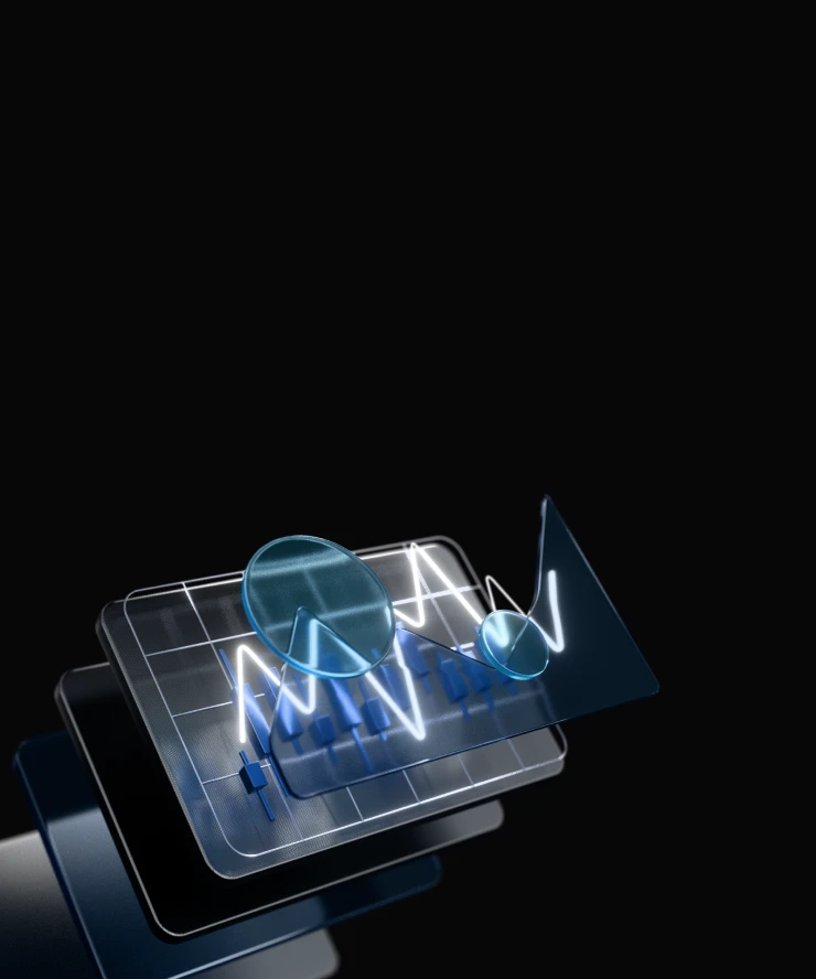 3D digital screens showing market graphs and analysis icons visualizing extensive technical indicators.