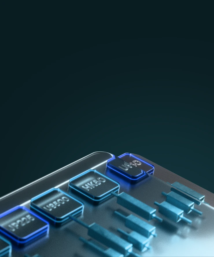 3D trading platform interface with illuminated buttons symbolizing user-friendly platform designed for all experience levels.