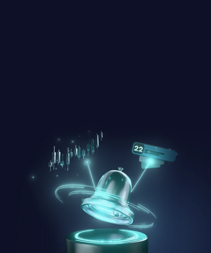 3D notification bell with market data visuals symbolizing XMTrading’s smart price alerts.
