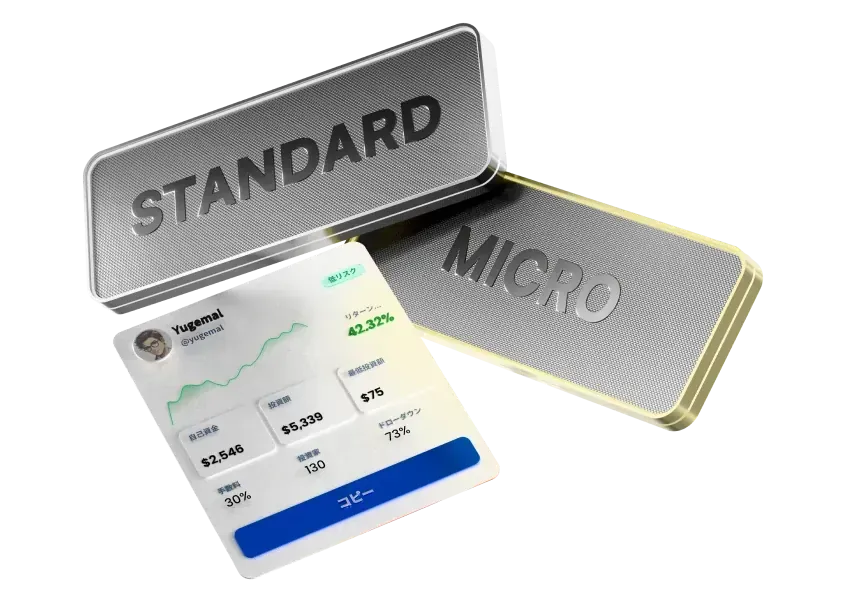 3D illustration showcasing Standard, Micro, investor and strategy manager account types eligible for promotion.