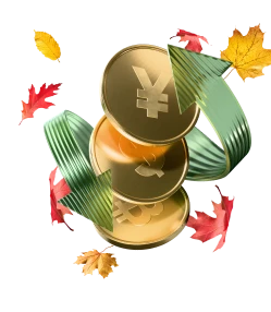 Stack of gold coins with yen and euro symbols wrapped by green upward arrows, symbolizing growth.