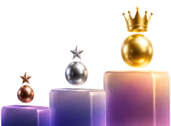 3D podium graphic with floating bronze and silver star spheres, and a gold crowned sphere.