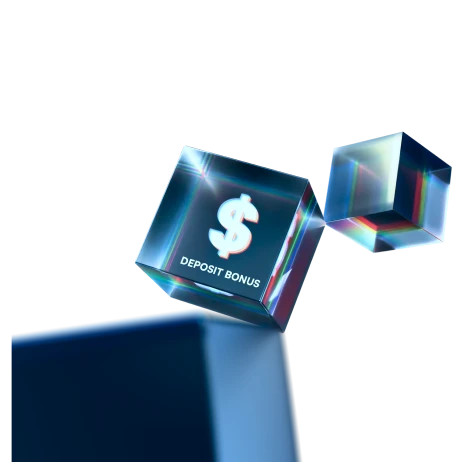 XMTrading deposit bonus visualized as a 3D glass cube, highlighting the opportunity to  your trading funds.