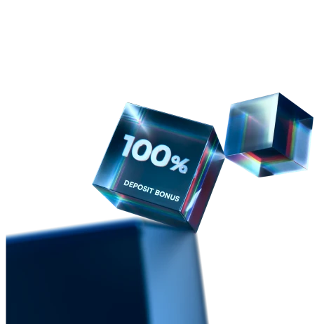 XMTrading 100% deposit bonus visualized as a 3D glass cube, highlighting the opportunity to double your trading funds.