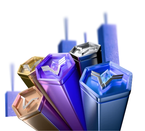 Promotional banner with colorful digital tokens representing XMTrading Loyalty Program tiers.