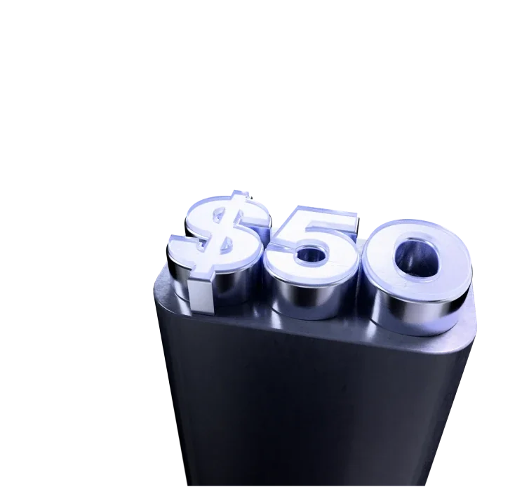 3D currency symbols in a container with soft blue background, representing a no deposit bonus offer