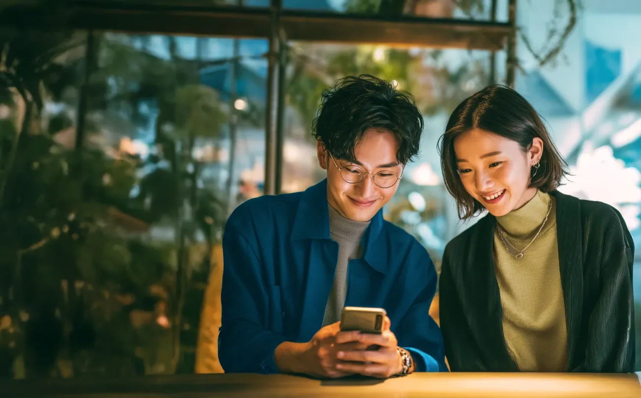 Two friends smiling while looking at a smartphone, representing XMTrading's Refer a Friend promotion.